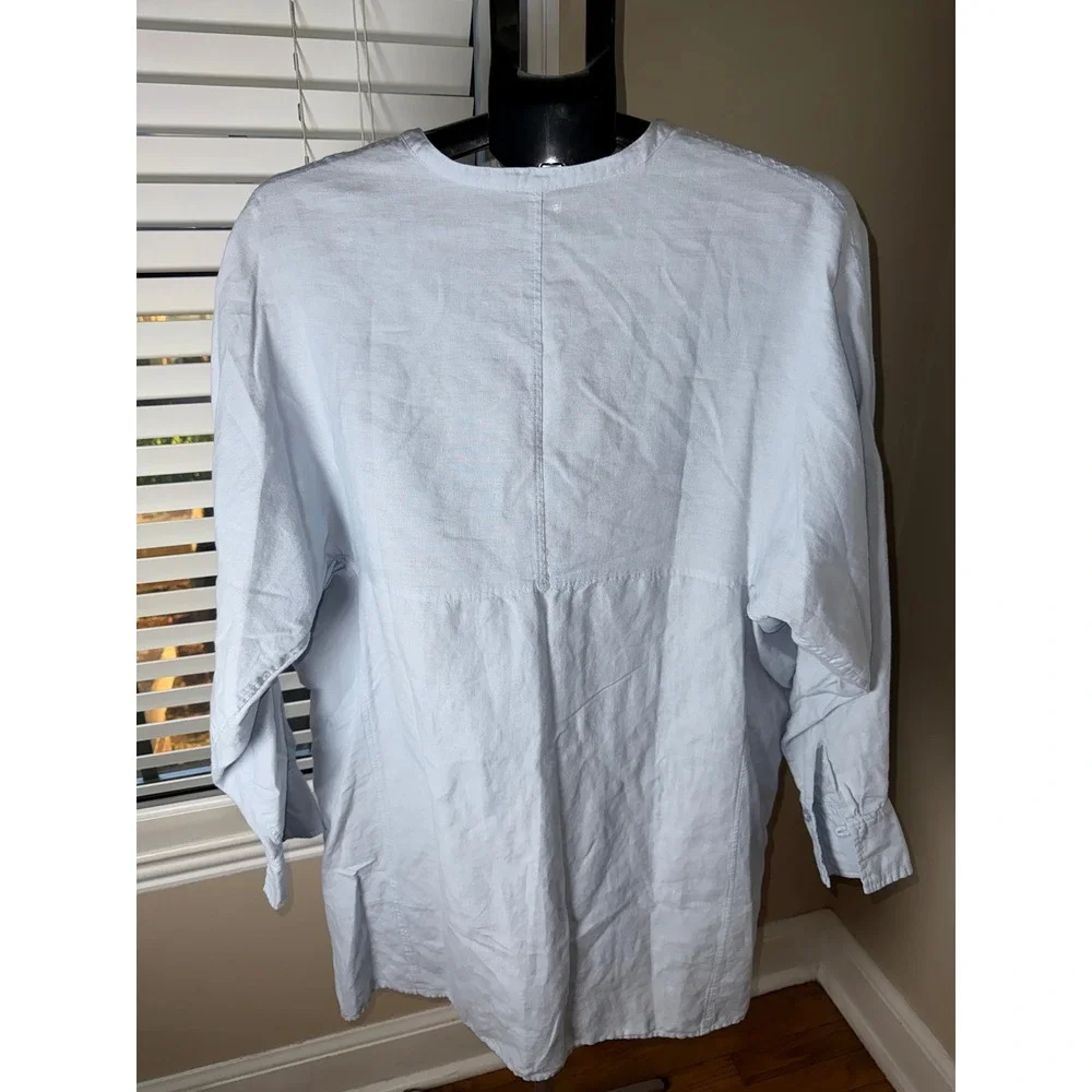 Free People Light Blue Linen Blend Button Down Tunic Shirt Oversized Womens L